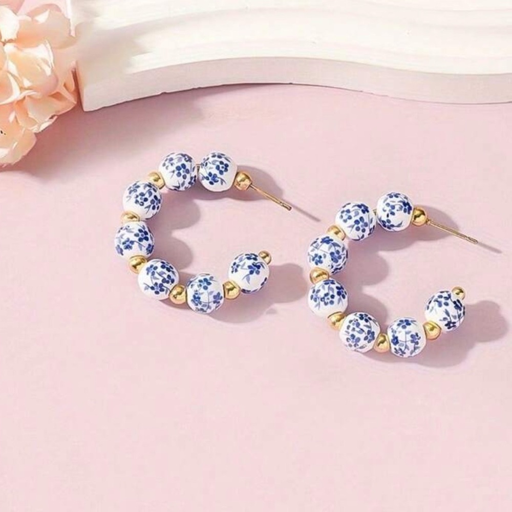 Gold and Blue Floral Hoop Earrings